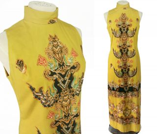 Vintage 60s Batik Block Print Hawaiian Indonesia Asian Cheongsam Maxi Dress S - M
