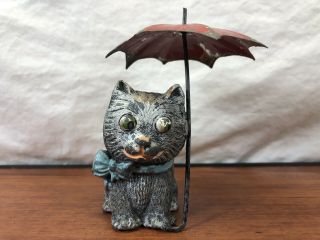 Old Farm House Find Vintage Die - Cast Pot Metal Kitten With Umbrella Toy Figure