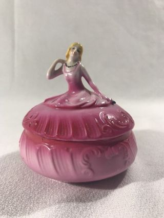 Vintage Porcelain Lady Pink Figural Lidded Dresser Vanity Powder Jar Germany