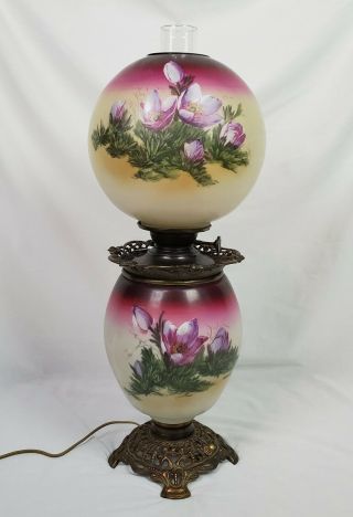 25.  5 " Antique Victorian Converted Oil Lamp Purple Floral 3 Way Gwtw Hand Painted