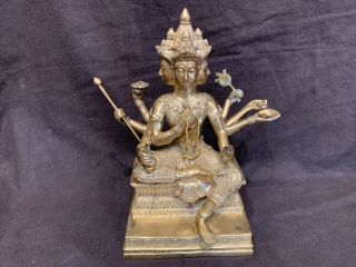 Antique Indian Hindu Gilt Bronze Statue Of Brahma 10.  5”