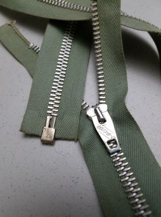 44 - Zippers/vtg " Conmatic Usa Conmar " 5 Metal Aluminum 26 " Separating/l.  Olv/cotton