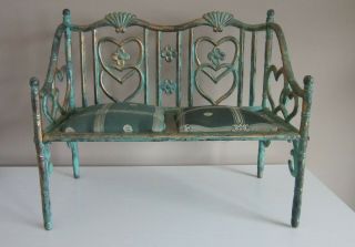 Vintage Cast Iron Patinated Green And Gold With Hearts Small Settee