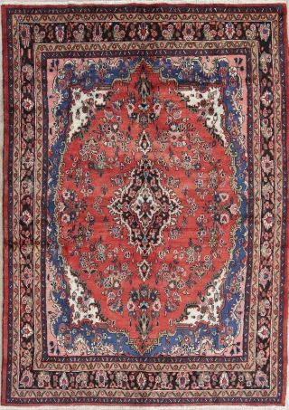 VINTAGE Traditional Floral CORAL RED Hamadan Area Rug Hand - Knotted Oriental 7x10 2