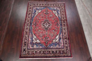 VINTAGE Traditional Floral CORAL RED Hamadan Area Rug Hand - Knotted Oriental 7x10 3