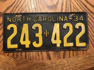 Vintage 1934 North Carolina License Plate 243 422 Antique Tag