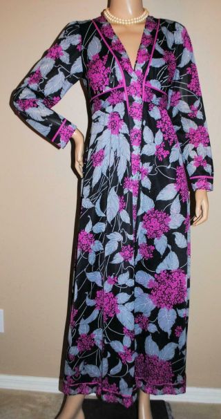 2 Pc Vtg Emilio Pucci Floral Long Robe & Nightgown Set Sz S Black Gray Fuchsia
