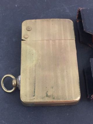 Vintage Brass Plated Semi Automatic Grater Pocket Lighter & Leather Case Germany 2