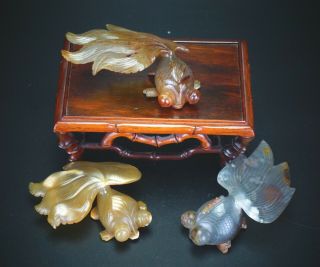 Group Of 3 X Antique Chinese Agate Hardstone Carving Gold Fish 20th C