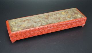 Antique Chinese Wood Embossed Red Lacquer Box With Inlaid Jade / Hardstone