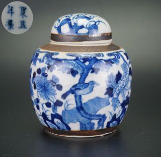Antique Chinese Blue And White Crackle Glazed Bird Ginger Jar Kangxi Mark 19th C