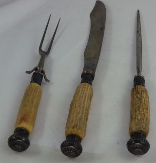 Antique Set Of 3 Carving Knife Fork Sharpener Bone Handle Sterling Trim H145