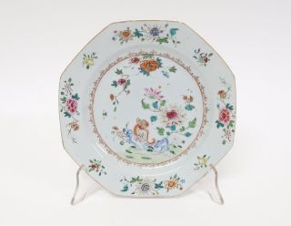 Antique Hexagonal 18thc Chinese Polychrome Porcelain Plate Qianlong Period