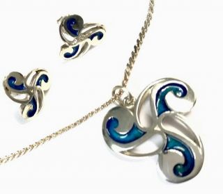 Vintage Scottish Silver Enamel Ola Gorie Orkney Pendant Necklace & Post Earrings