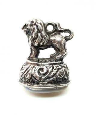 Stunning Antique Victorian Sterling Silver Repousse Lion & Moonstone Fob Charm