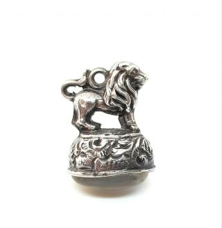 STUNNING Antique Victorian Sterling Silver Repousse Lion & Moonstone Fob Charm 2