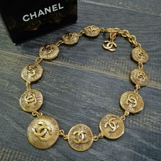 Chanel Gold Plated Cc Logos Charm Vintage Chain Necklace Choker 4459a Rise - On