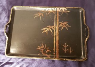 An Antique Japanese Black Lacquer Over Wood Hand Painted Tray 14 X 21 Rare