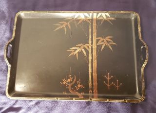 An Antique Japanese Black Lacquer Over Wood Hand Painted Tray 14 x 21 RARE 2
