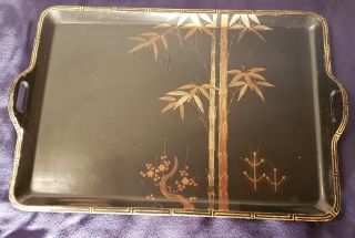An Antique Japanese Black Lacquer Over Wood Hand Painted Tray 14 x 21 RARE 3