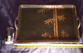 An Antique Japanese Black Lacquer Over Wood Hand Painted Tray 14 x 21 RARE 4