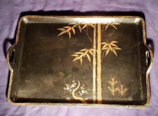 An Antique Japanese Black Lacquer Over Wood Hand Painted Tray 14 x 21 RARE 5