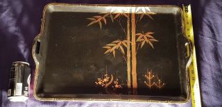 An Antique Japanese Black Lacquer Over Wood Hand Painted Tray 14 x 21 RARE 7