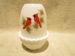 Vintage Fenton Hand Painted Signed Cardinals White Milk Glass Fairy Lamp