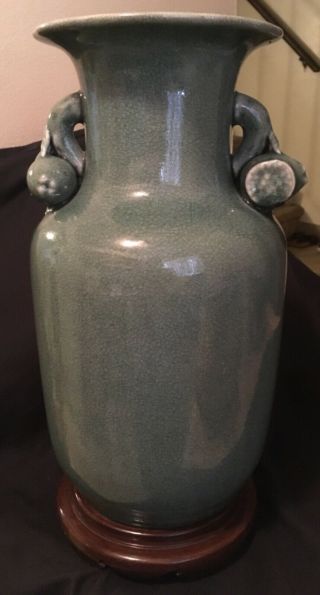 14” Chinese Celadon Glaze Pomegranate Handled Porcelain Vase And Stand
