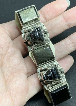 Vtg Taxco Mexico Aztec Mask Sterling Silver Golden Obsidian Link Bracelet 53g