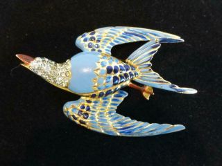 Vintage Enamel & Rhinestone Large Articulated Blue Bird In Flight Brooch