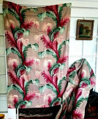 Pair Vintage Barkcloth Curtain Panels Tropical Art Deco Pattern Vgc Bark Cloth