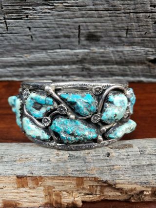 Vintage Navajo J Cadman Heavy Sterling Silver & Turquoise Nugget Cuff Bracelet