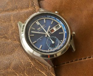 Vintage Seiko Chronograph Automatic Watch 7016 - 7000 Flyback S.  Steel Blue Dial