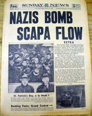 1940 Ny Daily News Ww Ii Newspaper Germans Bomb British Navy Base At Scapa Flow