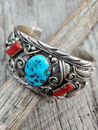 Vintage Navajo M.  Tsosie Heavy Sterling Silver Turquoise & Coral Cuff Bracelet