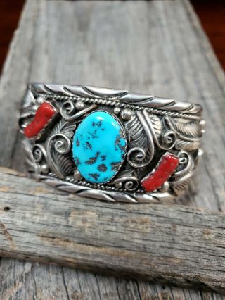 Vintage Navajo M.  Tsosie Heavy Sterling Silver Turquoise & Coral Cuff Bracelet 2