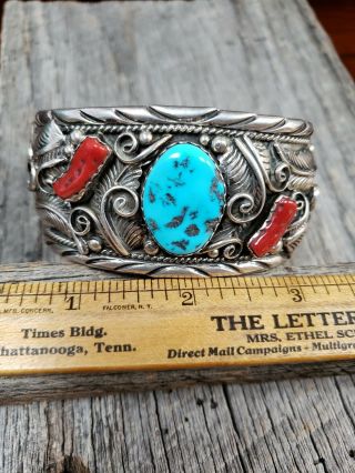 Vintage Navajo M.  Tsosie Heavy Sterling Silver Turquoise & Coral Cuff Bracelet 5