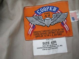 Mens 42R Cooper A - 2 Flight Goatskin leather brown bomber jacket made in USA VTG 8