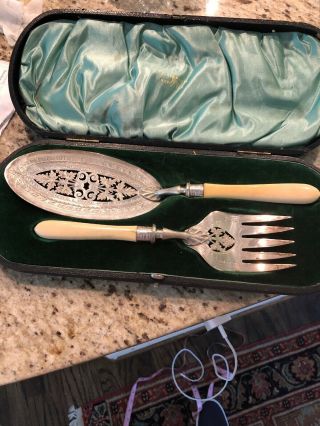 Walker & Sons Antique Fish Serving Set Ivory And Plate Silver With Pres Box