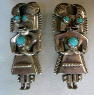 Vintage Hopi Sterling Silver Turquoise Kachina Large Post Earrings Signed Ortiz