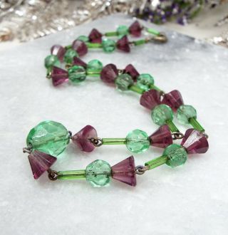 Vintage Art Deco Scottish Thistle Purple And Green Crystal Bead Necklace Chain