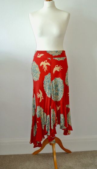 Kenzo Vintage Red And Blue Silk Skirt With Ruffle Hem Size 40 Uk 10/12