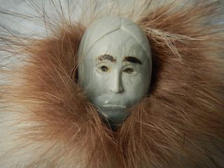 Vintage Eskimo Soapstone Doll: Fur Hood Parka: 13 " Tall