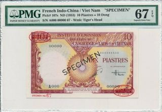 French Indo - China/viet Nam 10 Piastres (1953) Specimen,  Rare Pmg 67epq