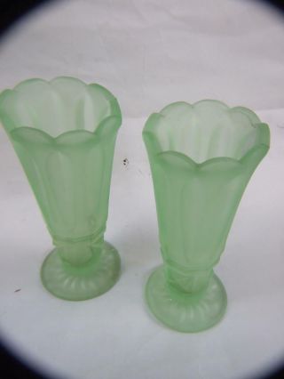 Vintage Antique Pair Art Deco Vases Uranium Green Depression Glass 1930 