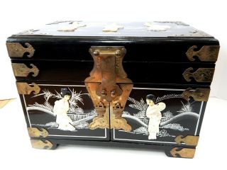 Chinese Black Lacquer Large Jewelry Box Hand Carved Painted Mop Figures