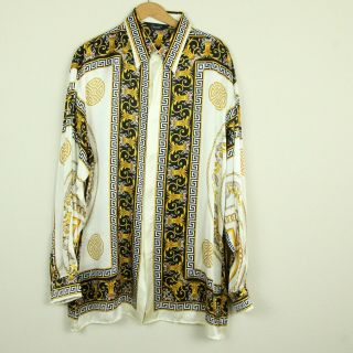 Vintage Genelli Pure Silk Mens Shirt Xl Gold Cream Baroque Medusa Club Flaws
