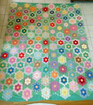 Vintage Handmade Grandmother’s Flower Garden Quilt