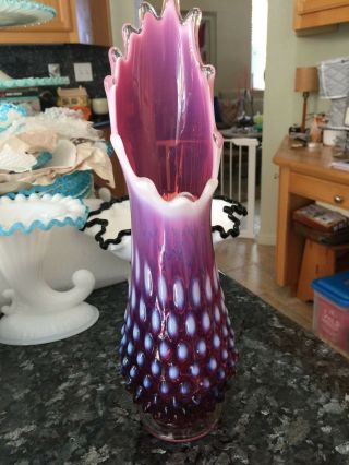 Rare Vintage Fenton Art Glass Plum Opalescent Hobnail 11 1/2 " Tall Swung Vase